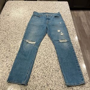 Levi’s 501 distressed button fly jeans. Size: 29. Straight leg.
